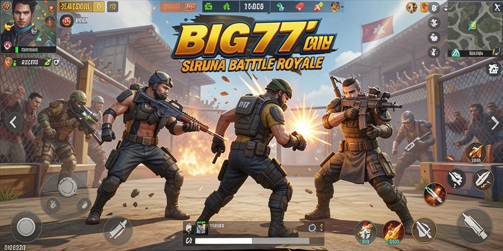 Screenshot gameplay BIG77 dengan aksi pertarungan Battle Royale yang intens.