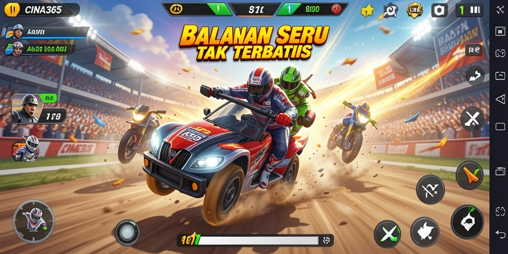 Gameplay mendebarkan dari CINA365 dengan mobil balap di trek yang menantang.