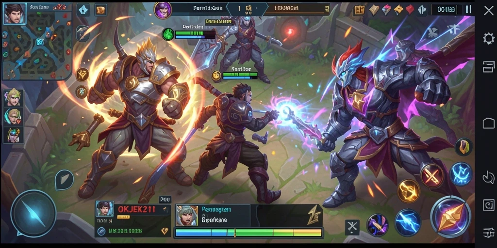 Screenshot gameplay OKJEK21 yang menampilkan aksi mendebarkan di arena MOBA.