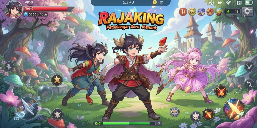 Tampilan gameplay terbaru RAJAKING dengan karakter anime ikonik.