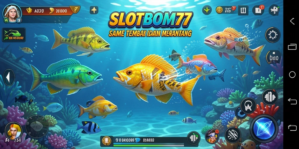 Tampilan gameplay SLOTBOM77 dengan aksi menembak ikan yang seru.