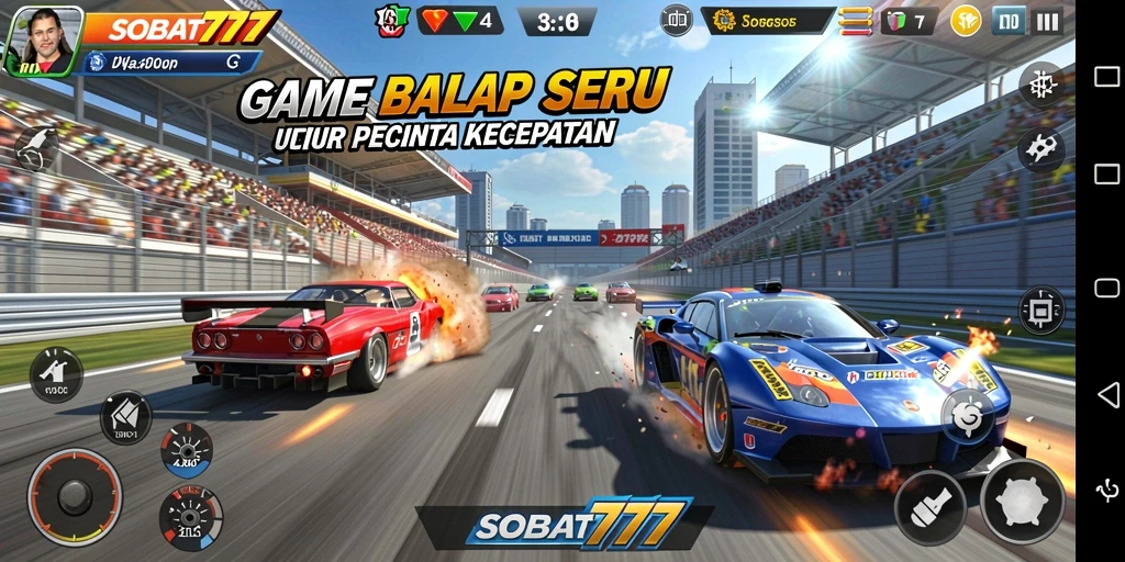Screenshot utama gameplay SOBAT777 yang menampilkan balapan sengit.